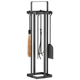 Outsunny Fireplace Tools Set Indoor Outdoor 5 Piece Heavy Duty Metal Fireplace Accessories Set With Brush Broom, Poker, Shovel, Tongs And Stand F (Color: Black)